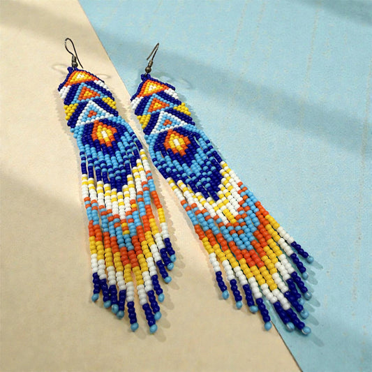"Handmade Seed Bead Long Tassel Earrings – Boho Statement Lightweight Jewelry"