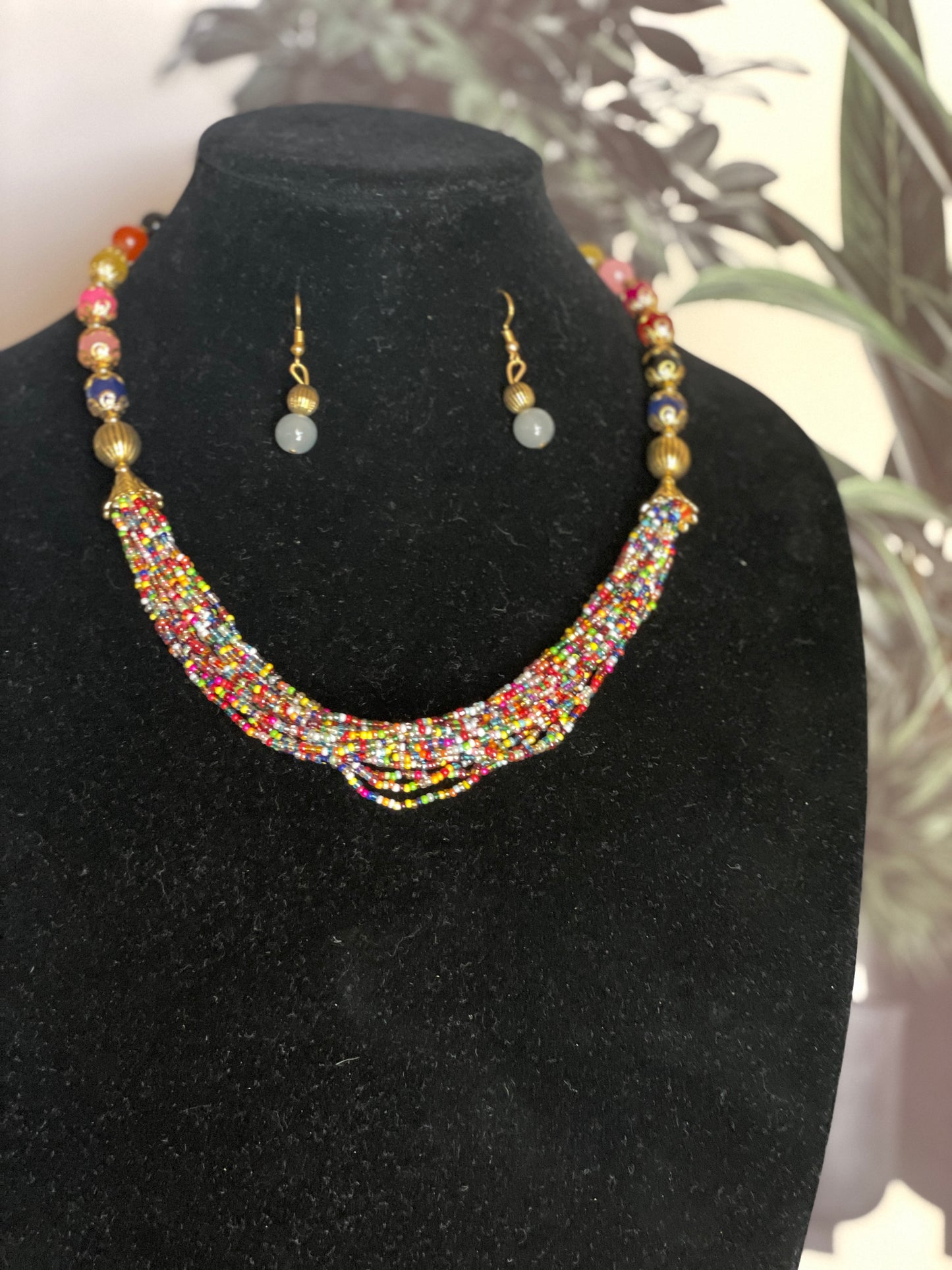Handcrafted multilayered bead necklace earrings set