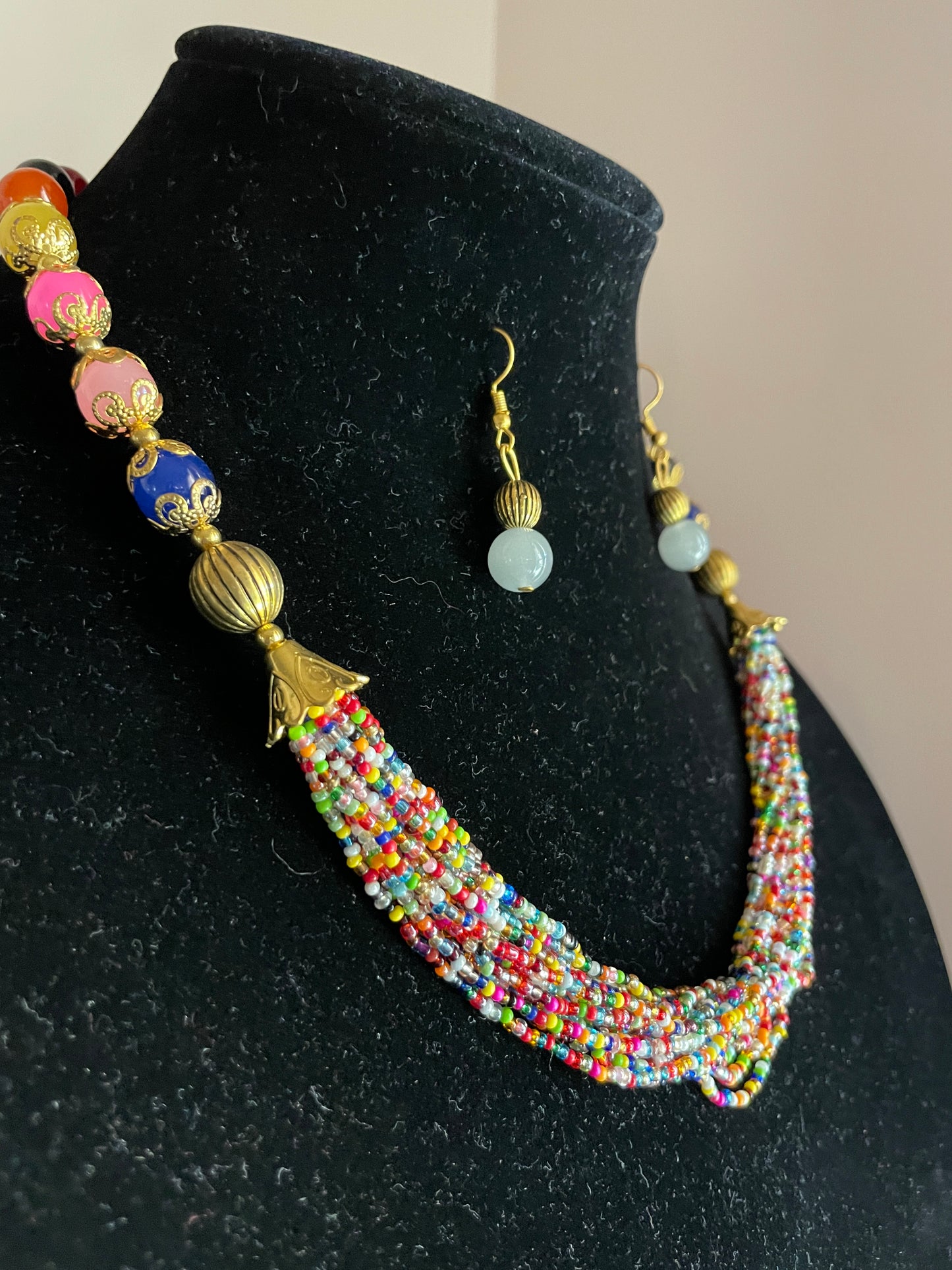 Handcrafted multilayered bead necklace earrings set