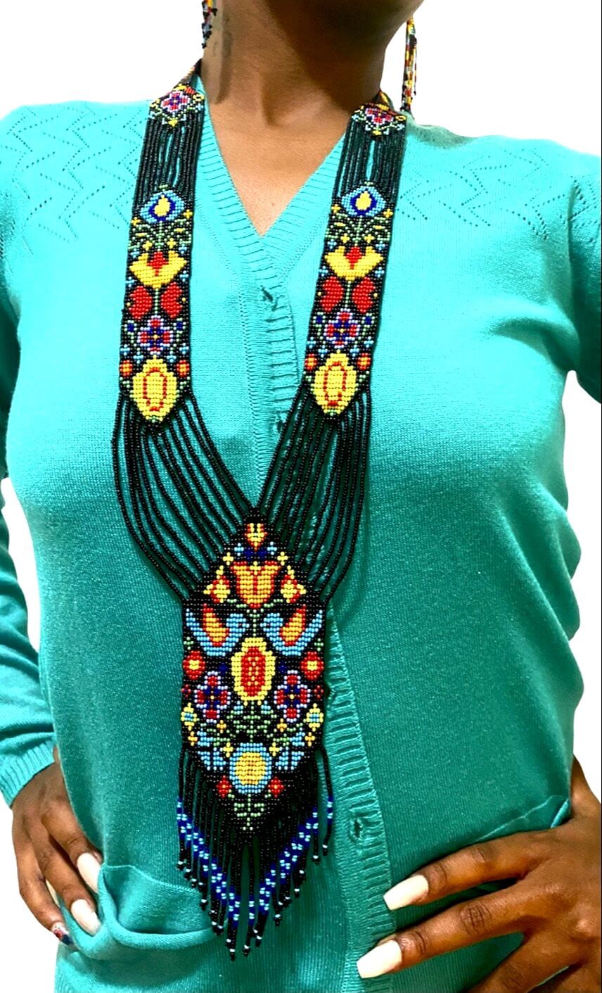 Handcrafted Bead embroidery long necklace earrings set