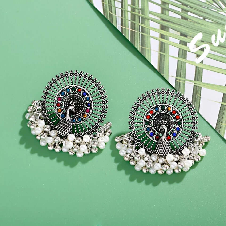Earrings pair peacock ethnic boho oxidized colorful studs gift
