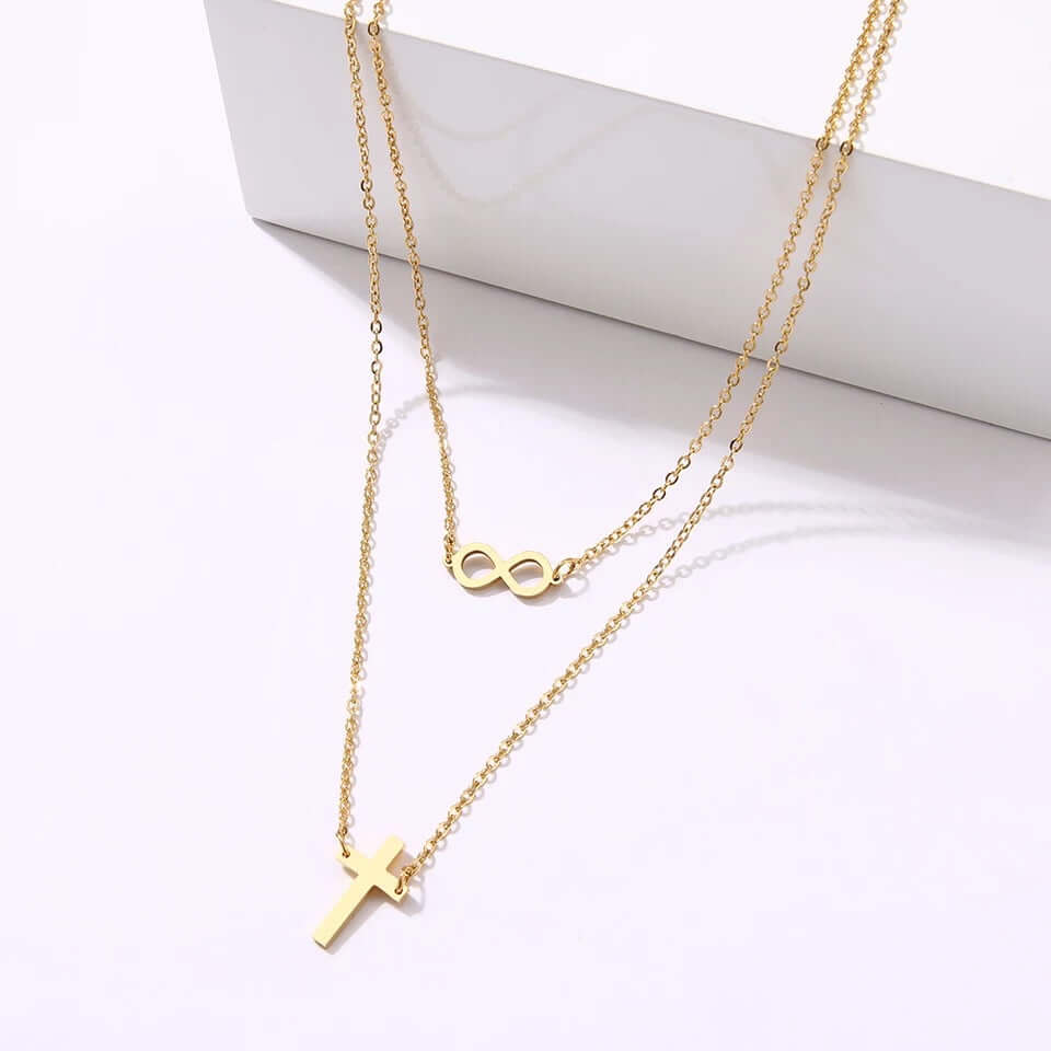charm necklace double chain cross, infinity stainless jewelry gift