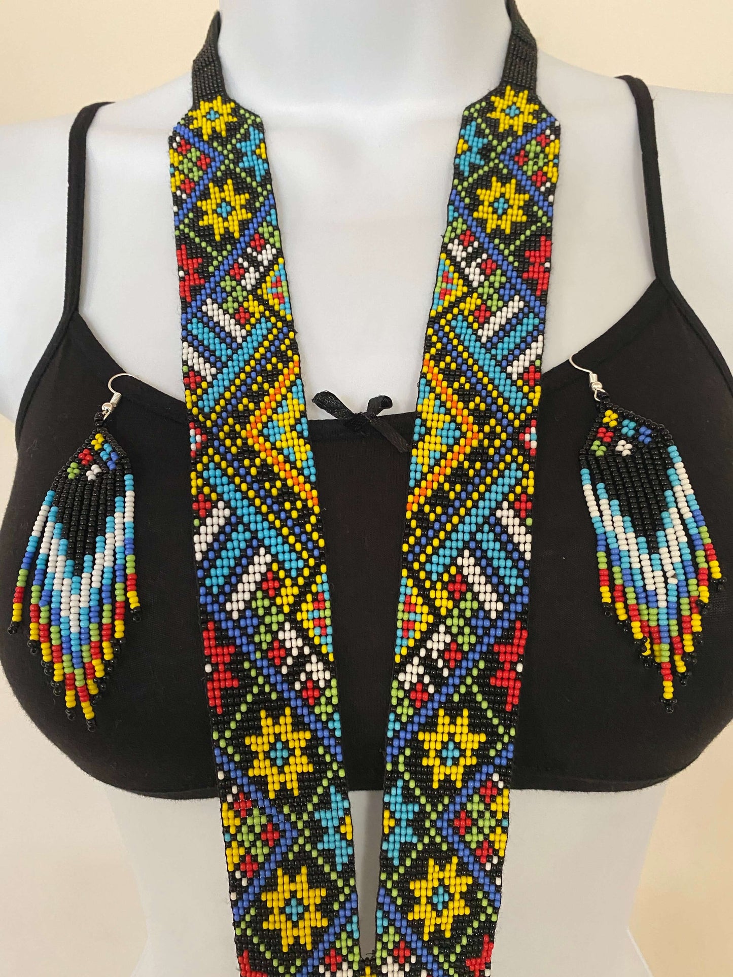 Handcrafted Bead embroidery long necklace earrings set