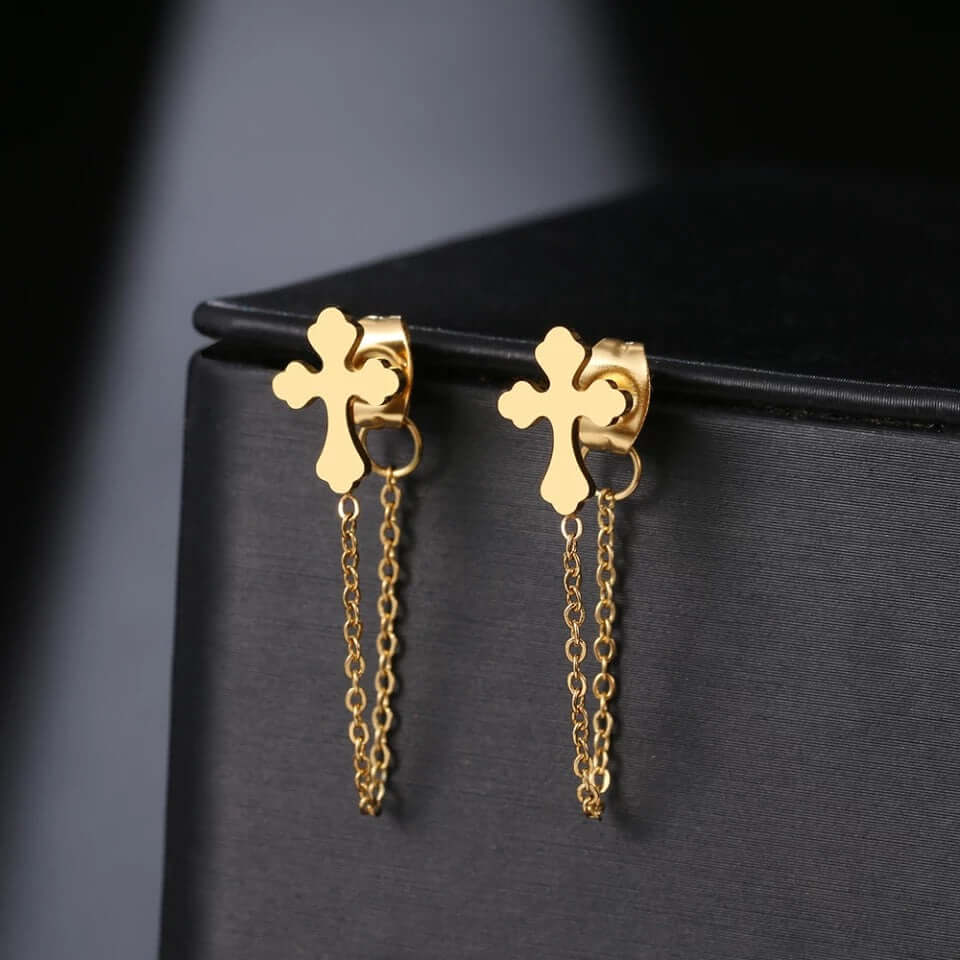 Cross earrings with chain lightweight stainless jewelry