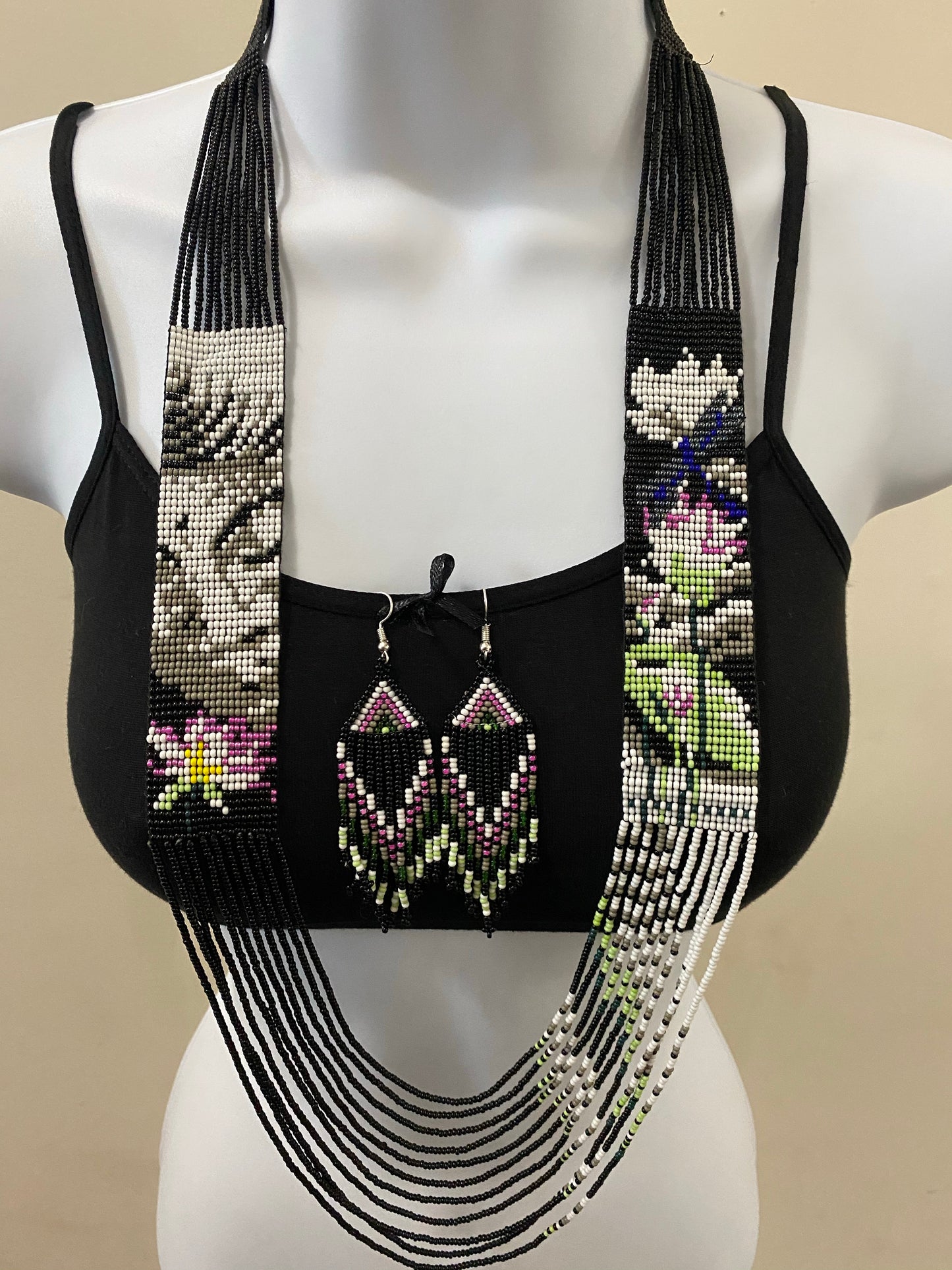Handcrafted Bead embroidery long necklace earrings set