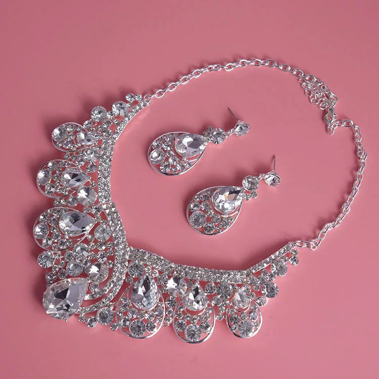 Rhinestone necklace earrings set with silver plated big crystal tiara
