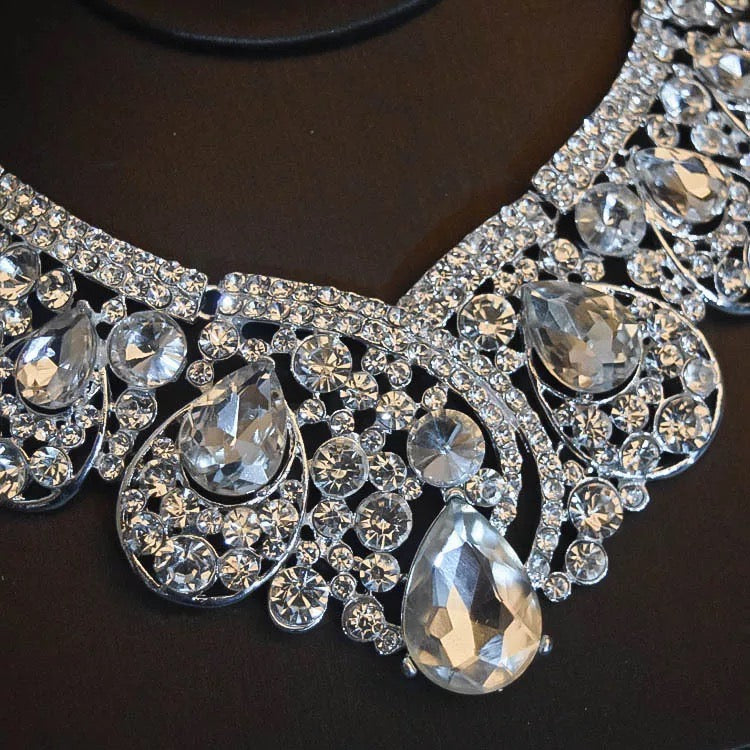 Rhinestone necklace earrings set with silver plated big crystal tiara