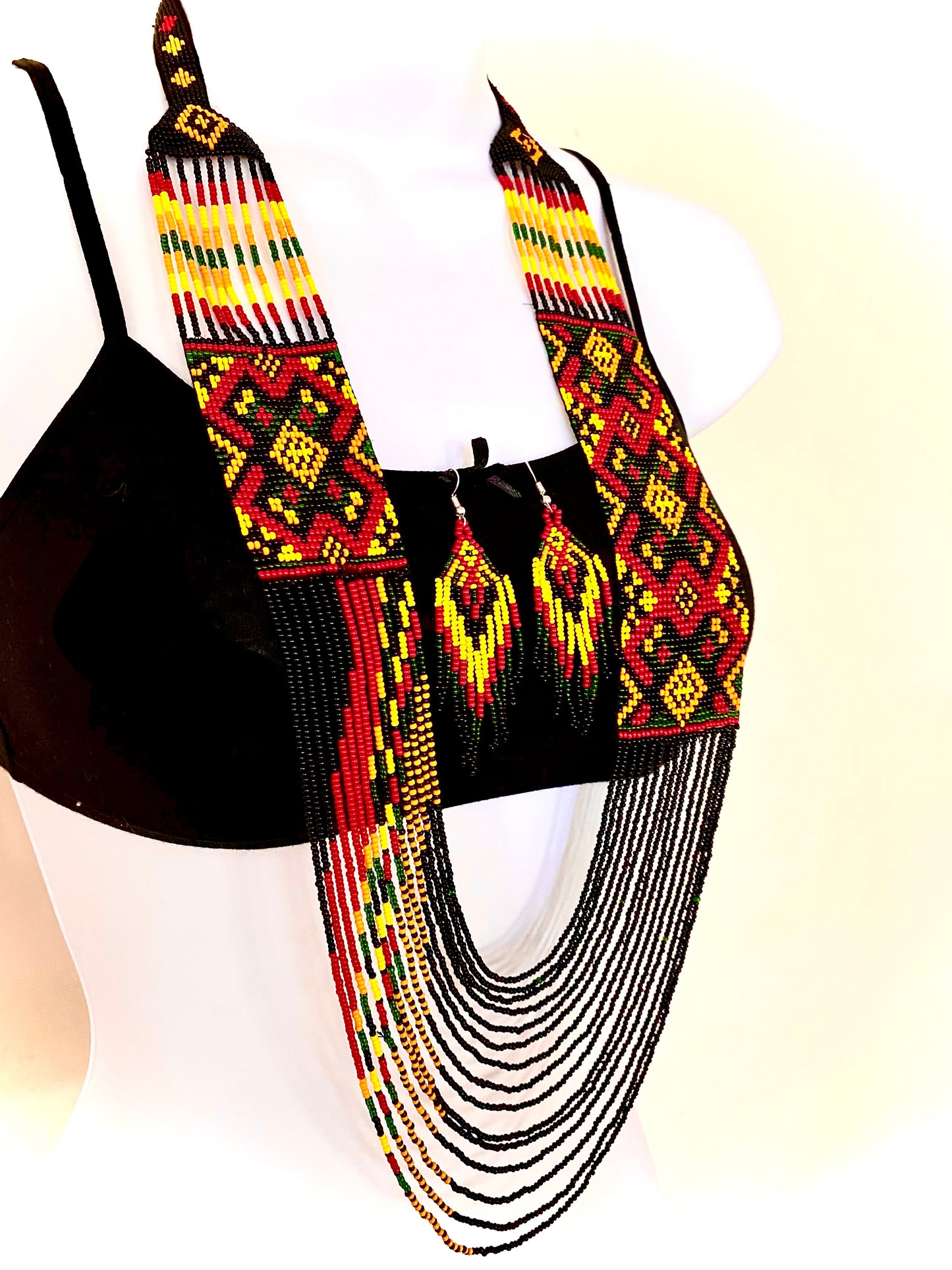 Handcrafted Seed Bead long necklace earrings set
