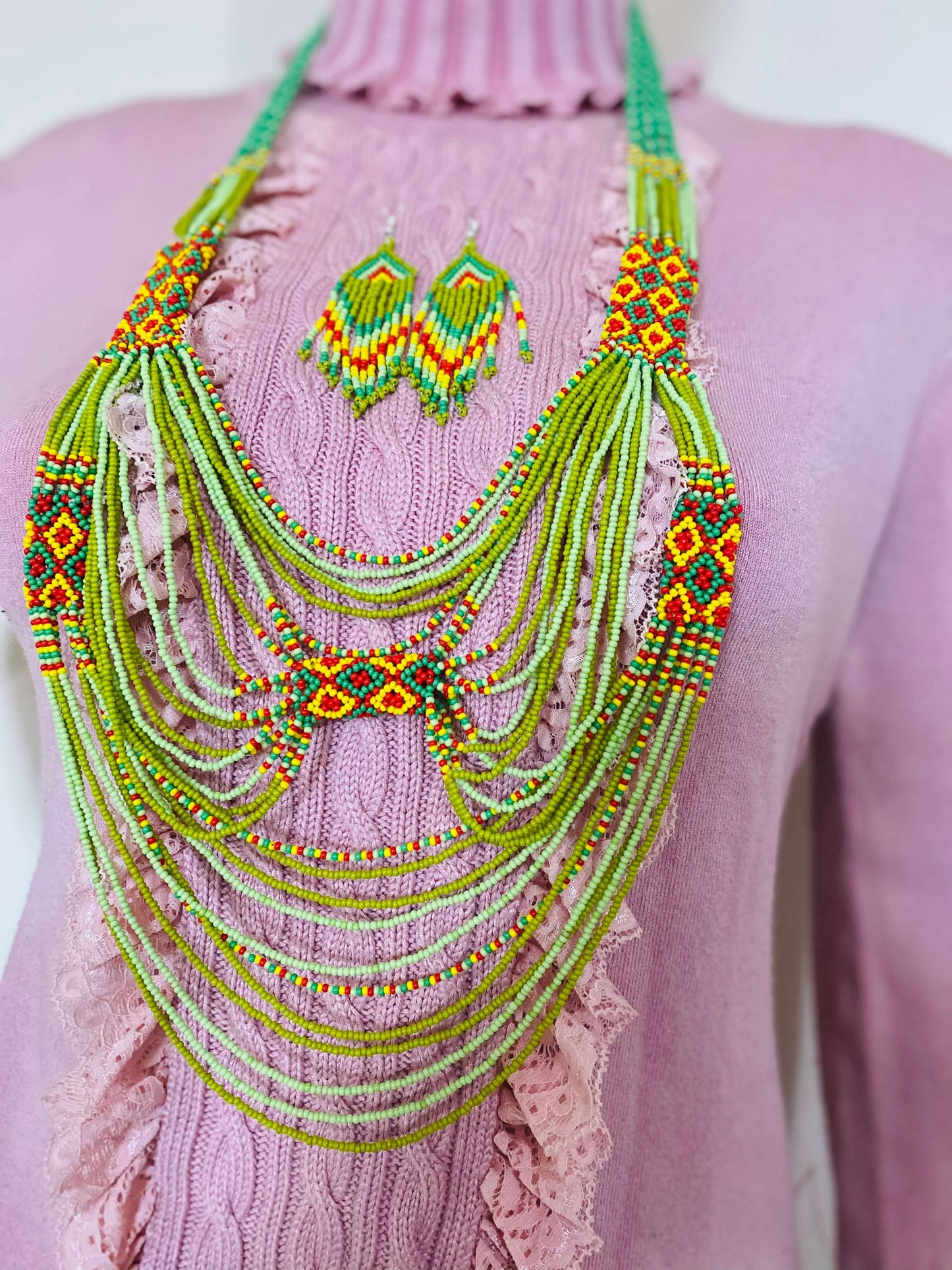 Bead Necklace boho/ tribal necklace earrings set