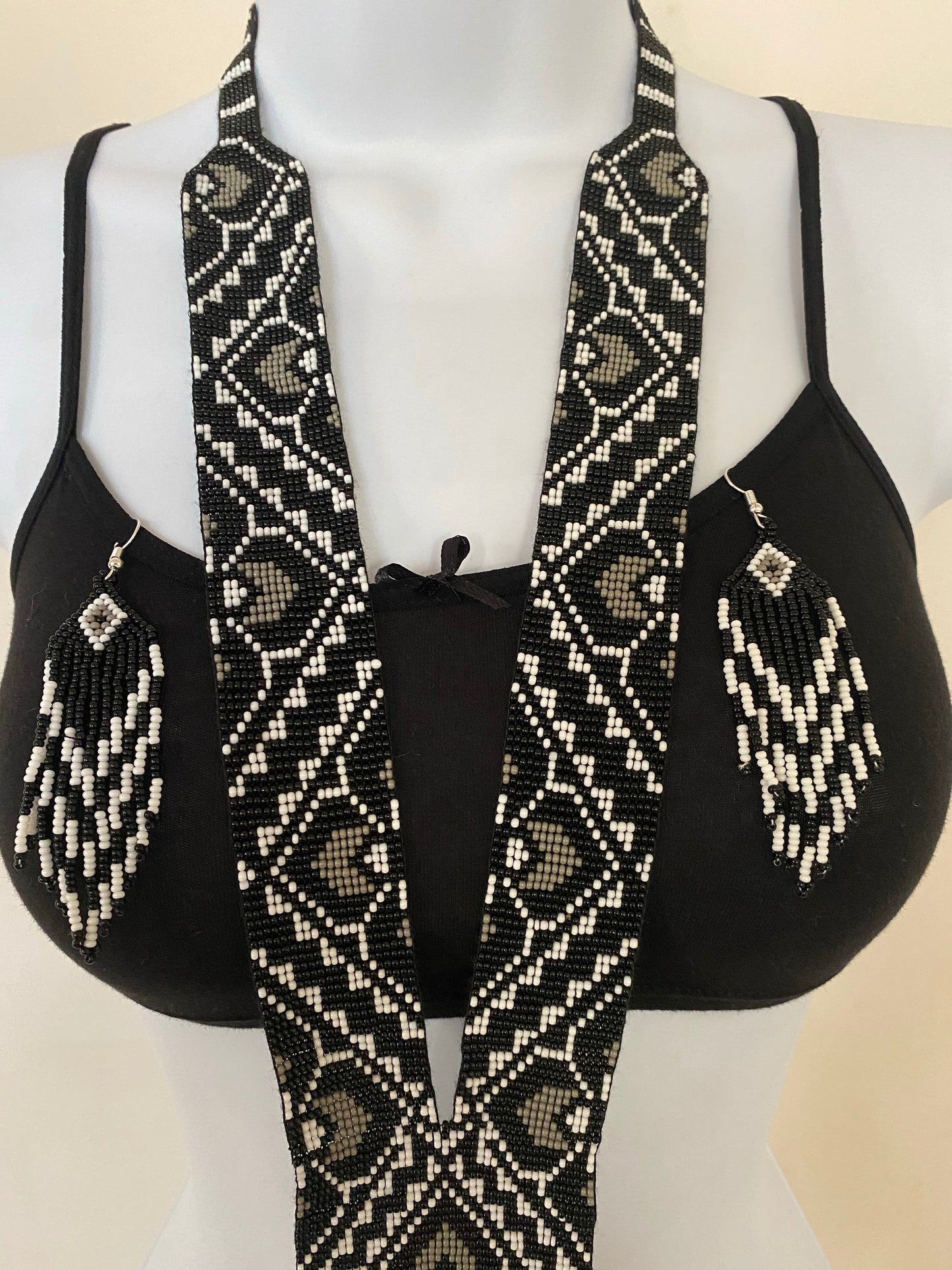 Handcrafted Bead embroidery long necklace earrings set