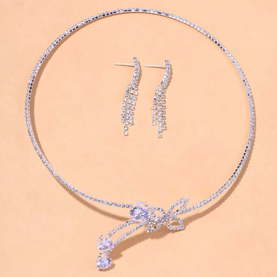 Bridal necklace choker earrings set adjustable silver bling jewelry
