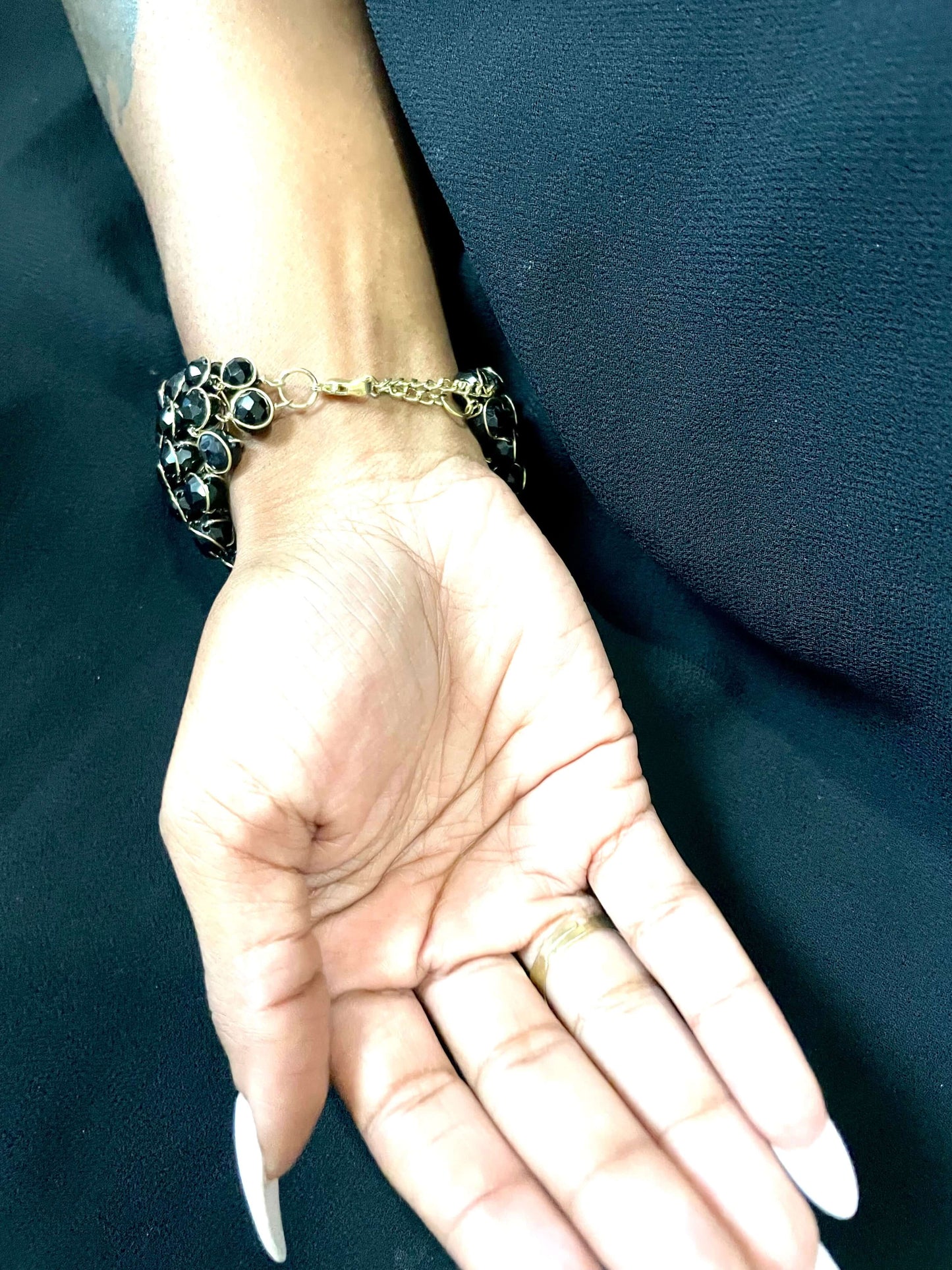Bracelet & ring handcrafted adjustable jewelry in black beads