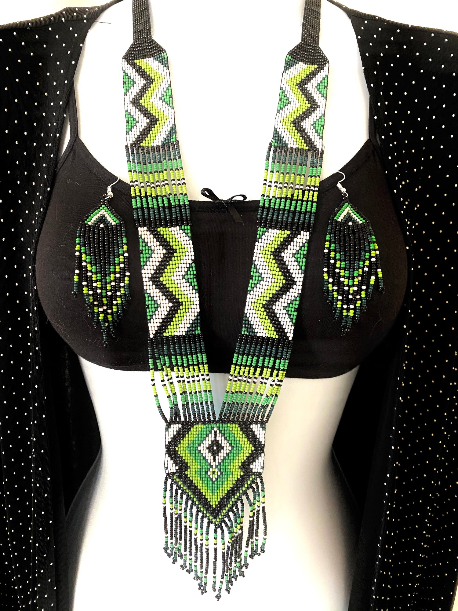 Handcrafted Bead embroidery long necklace earrings set