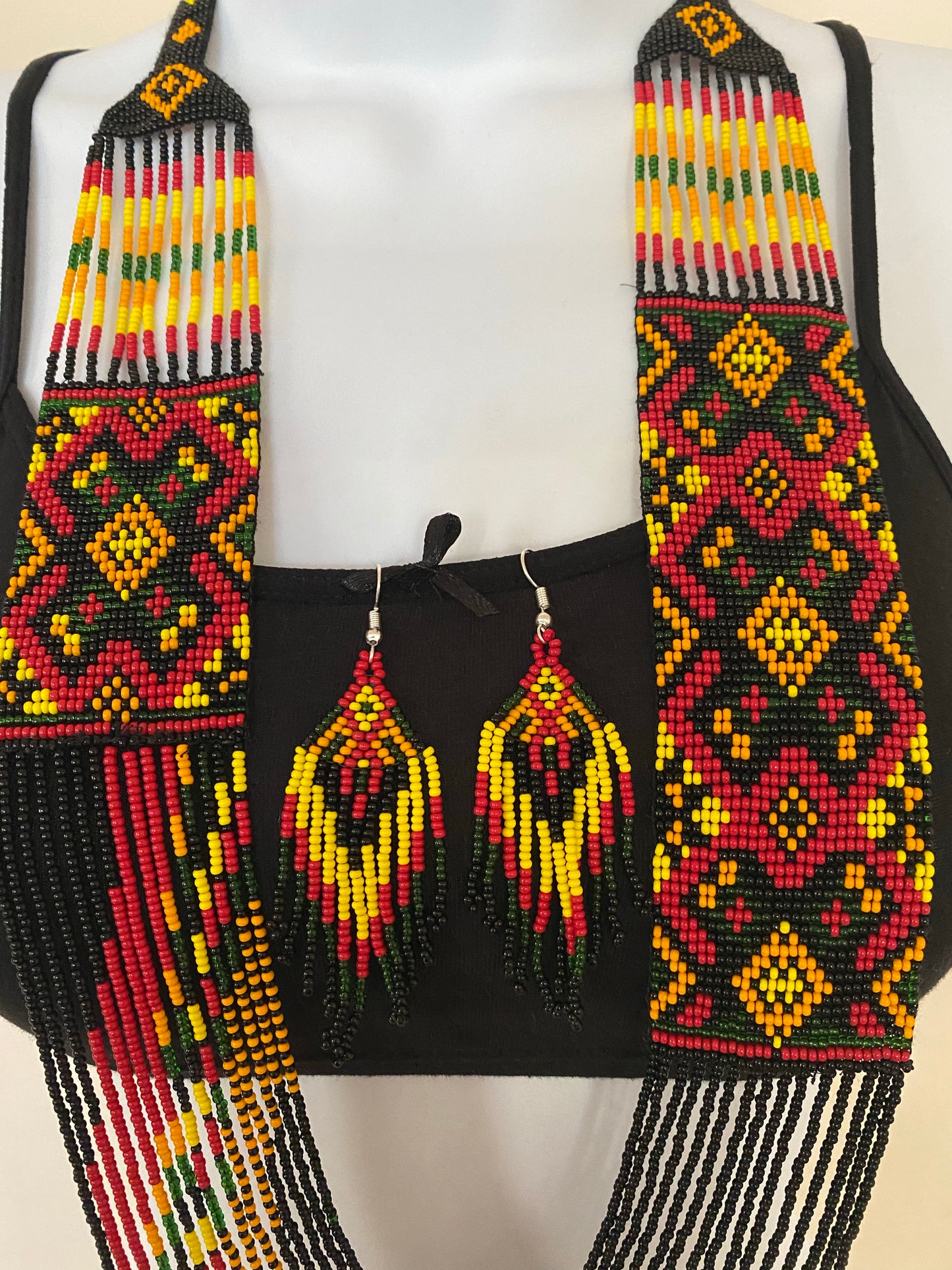 Handcrafted Seed Bead long necklace earrings set