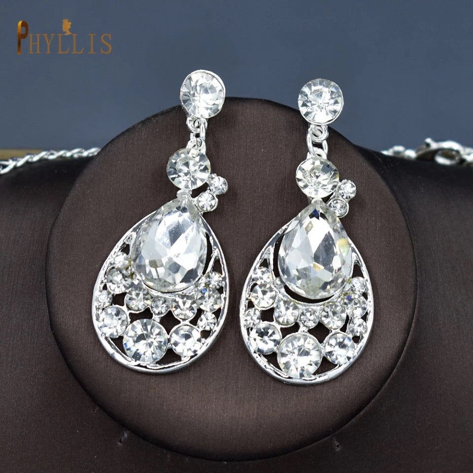 Rhinestone necklace earrings set with silver plated big crystal tiara