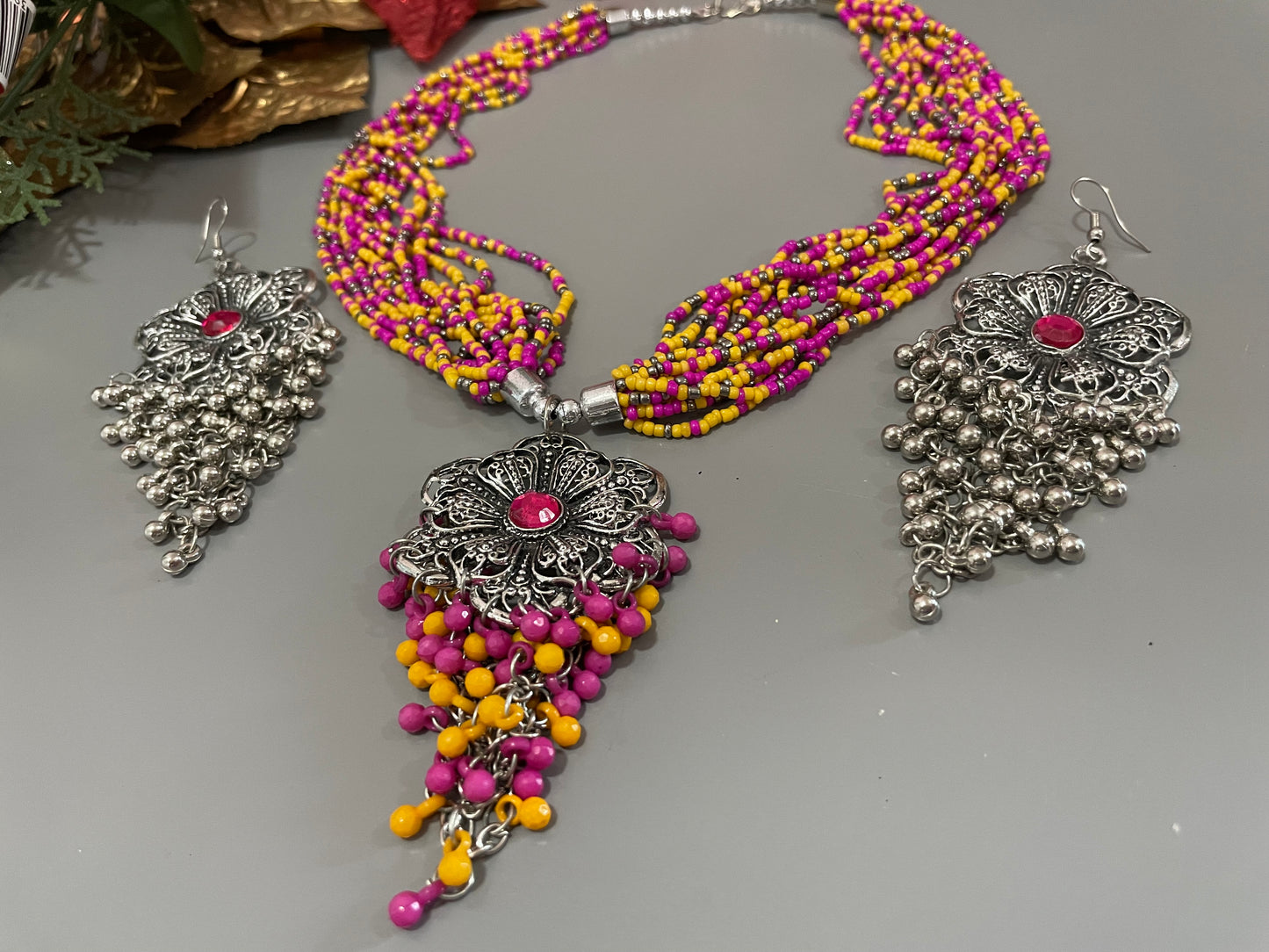 Necklace & big earrings Handcrafted seed bead Boho jewelry