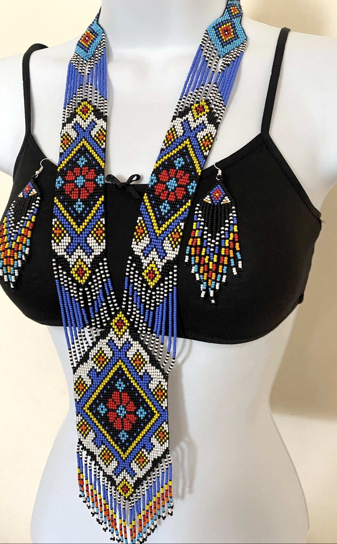 Handcrafted seed Bead long necklace earrings set
