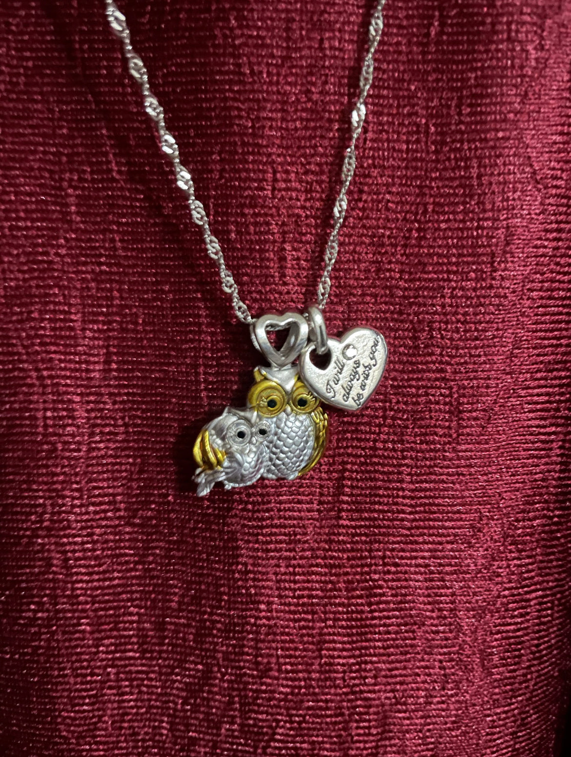 Owl charm necklace pendant love family gift 2 tone jewelry