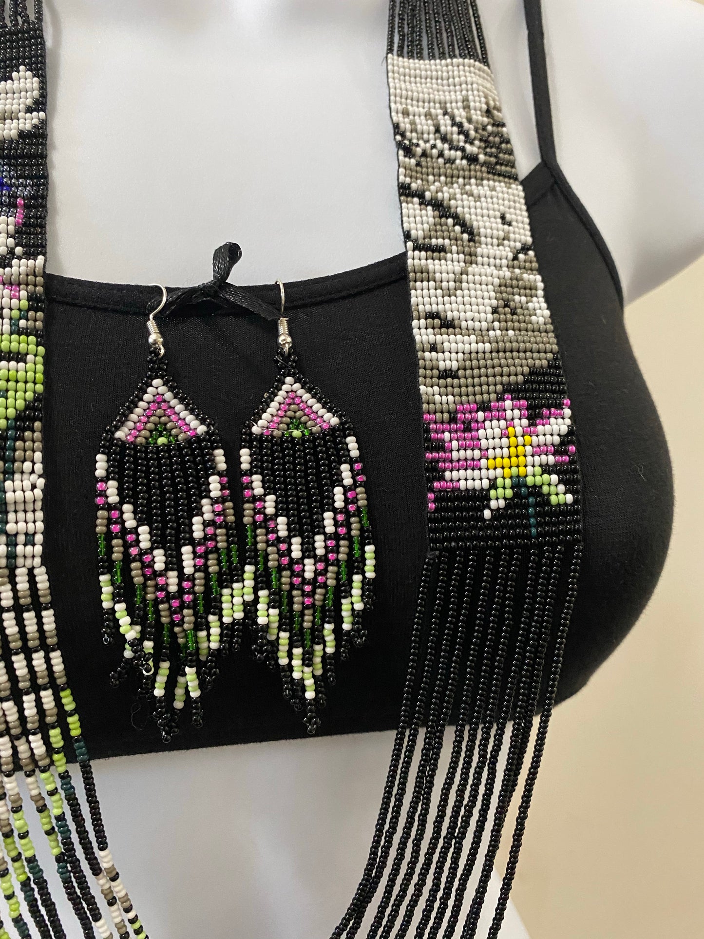 Handcrafted Bead embroidery long necklace earrings set