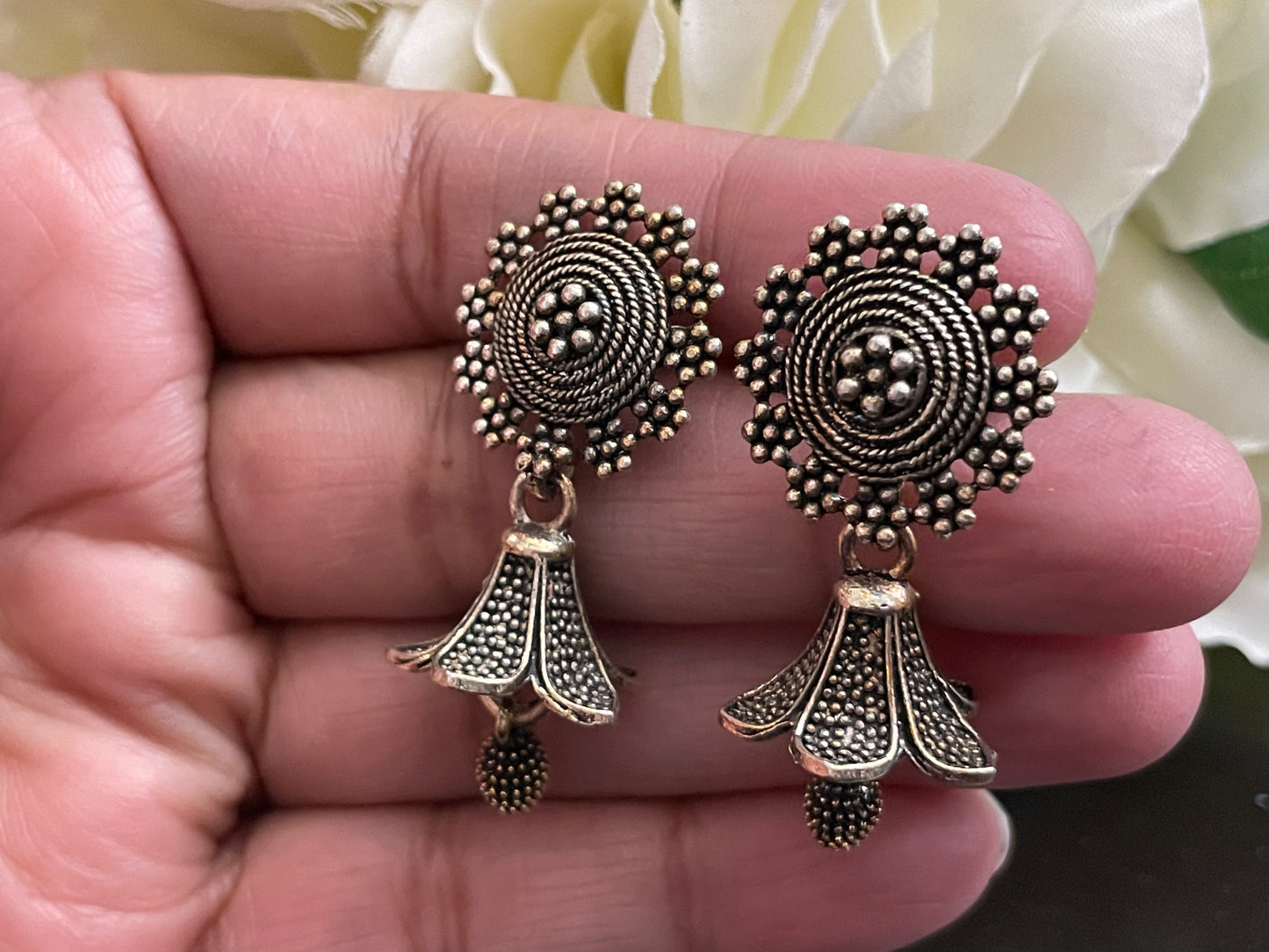 Earrings lily shape oxidized boho style look lightweight jewelry