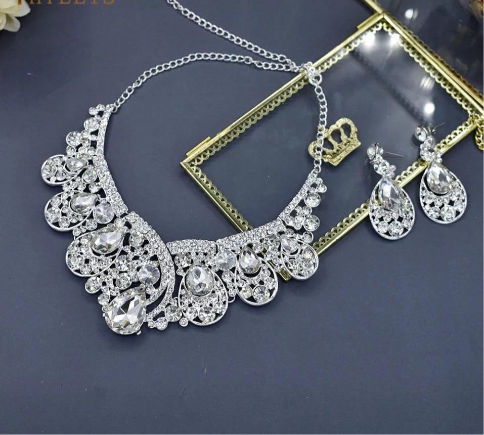 Rhinestone necklace earrings set with silver plated big crystal tiara