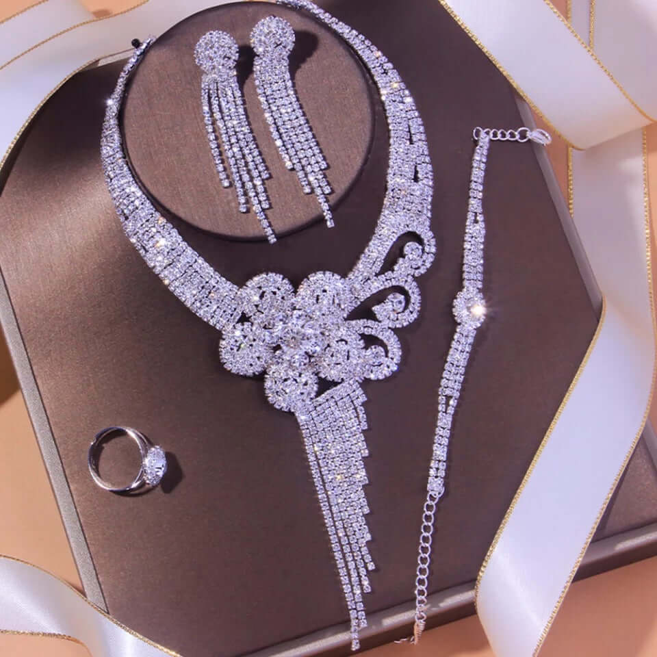 Bridal set necklace combo 4 piece wedding jewelry rhinestone silver accessory
