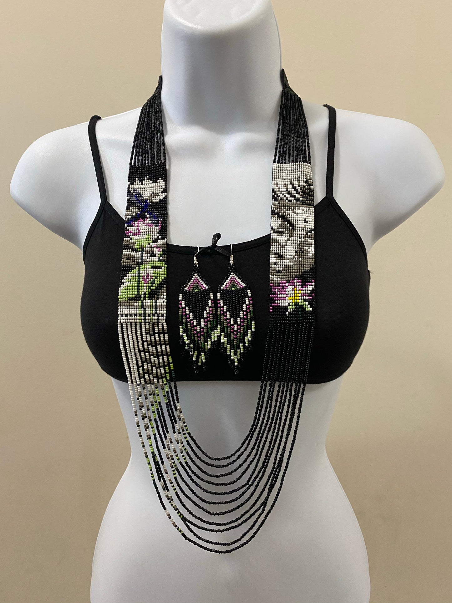 Handcrafted Bead embroidery long necklace earrings set