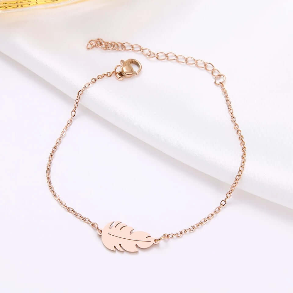 Charm Bracelet rose gold feather design stainless no fade jewelry