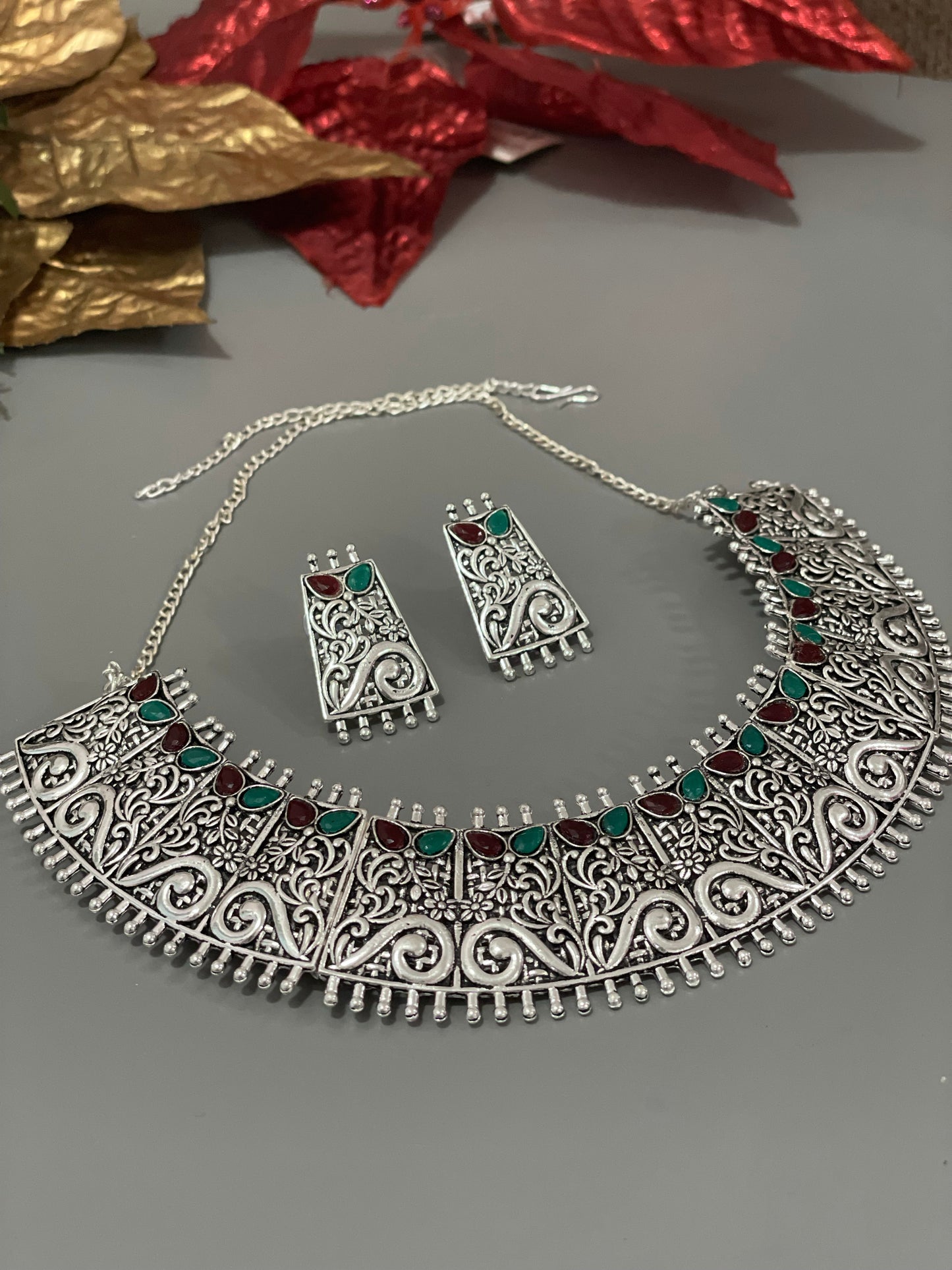 Oxidized necklace earrings adjustable handcrafted jewelry