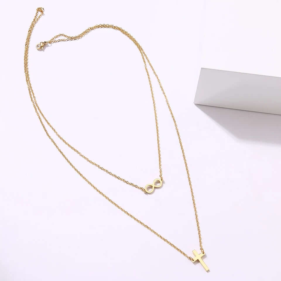 charm necklace double chain cross, infinity stainless jewelry gift