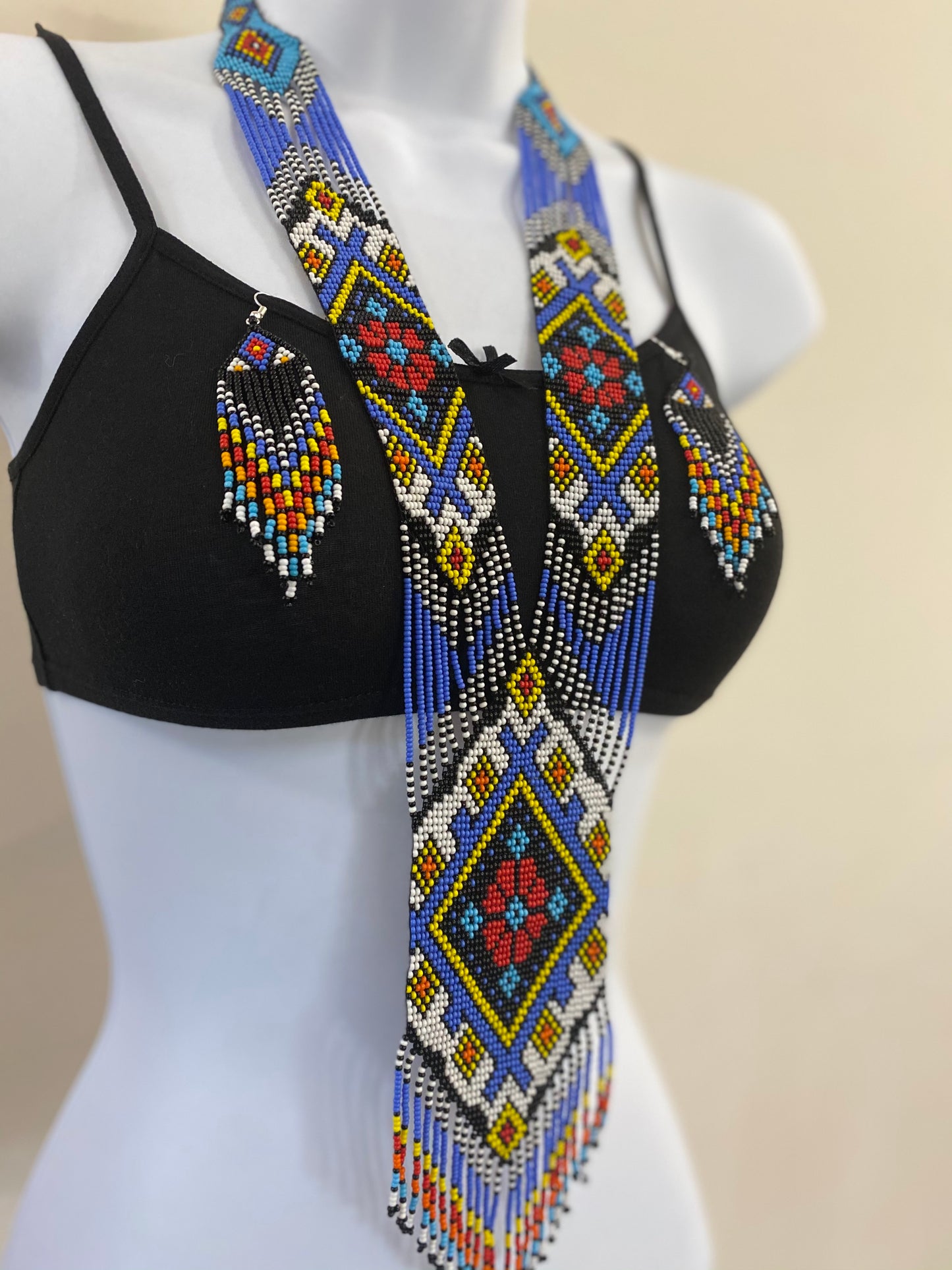 Handcrafted seed Bead long necklace earrings set