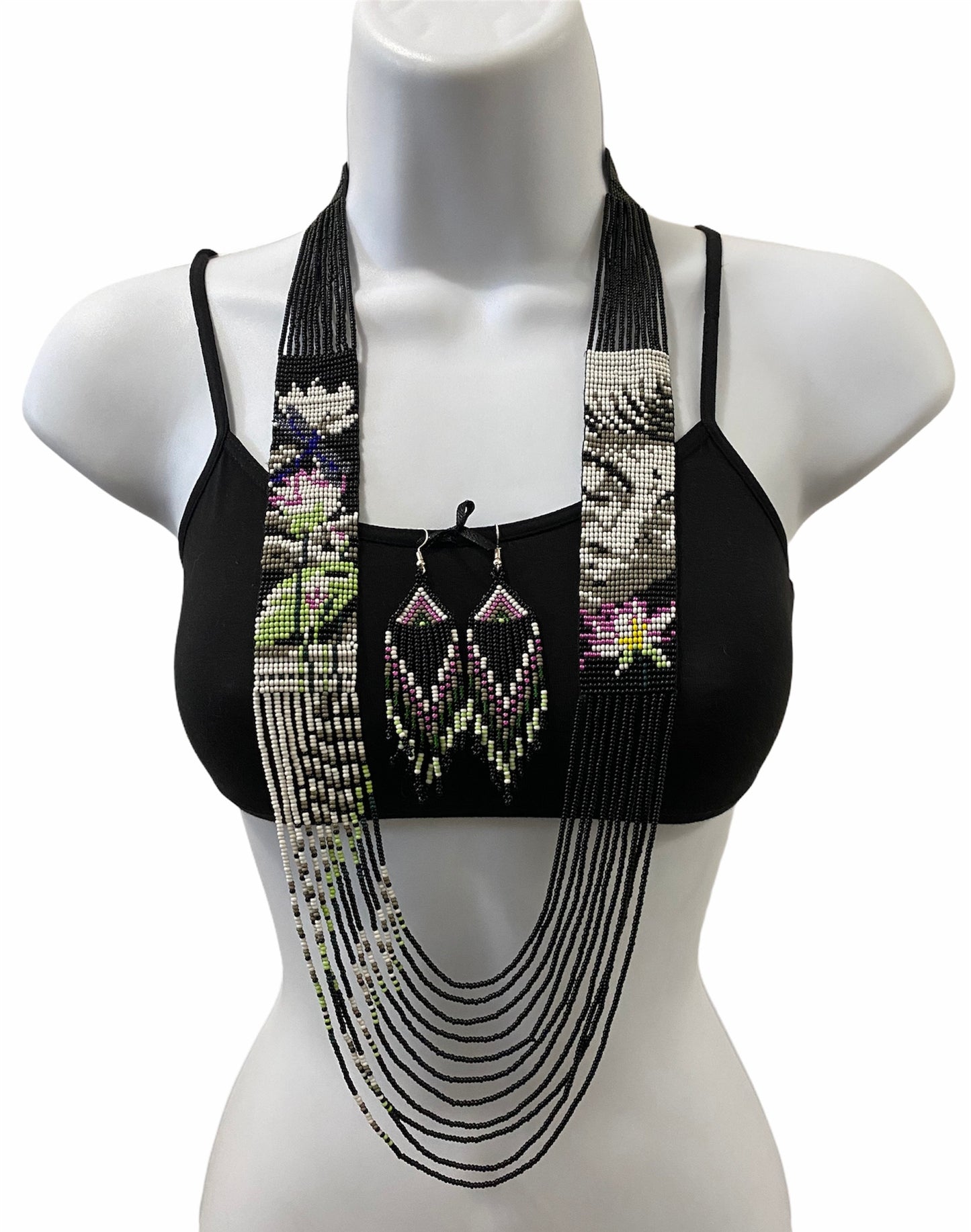 Handcrafted Bead embroidery long necklace earrings set