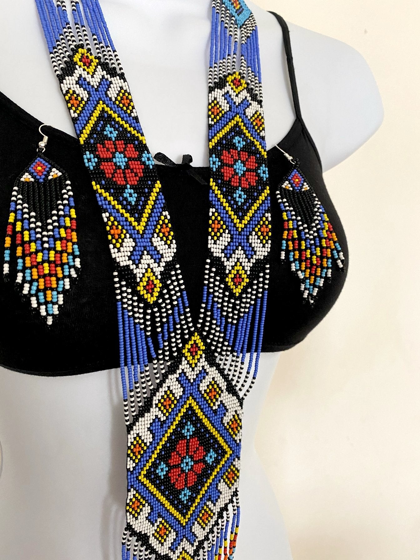 Handcrafted seed Bead long necklace earrings set