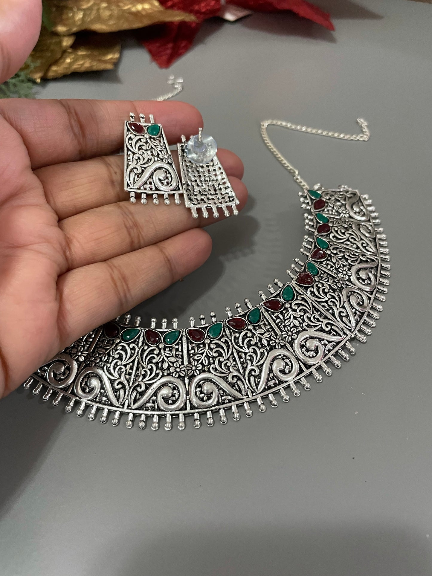 Oxidized necklace earrings adjustable handcrafted jewelry