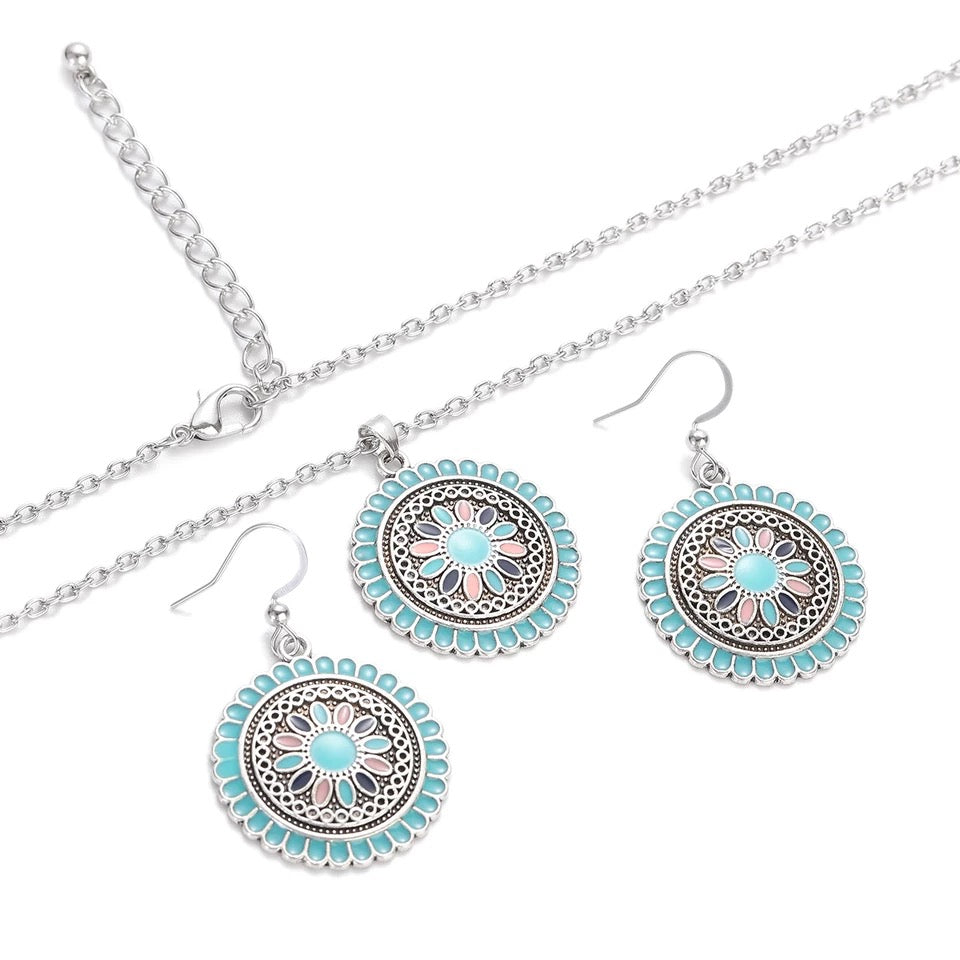 Necklace earrings set oxidized enamel jewelry