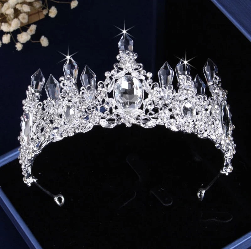 Rhinestone necklace earrings set with silver plated big crystal tiara