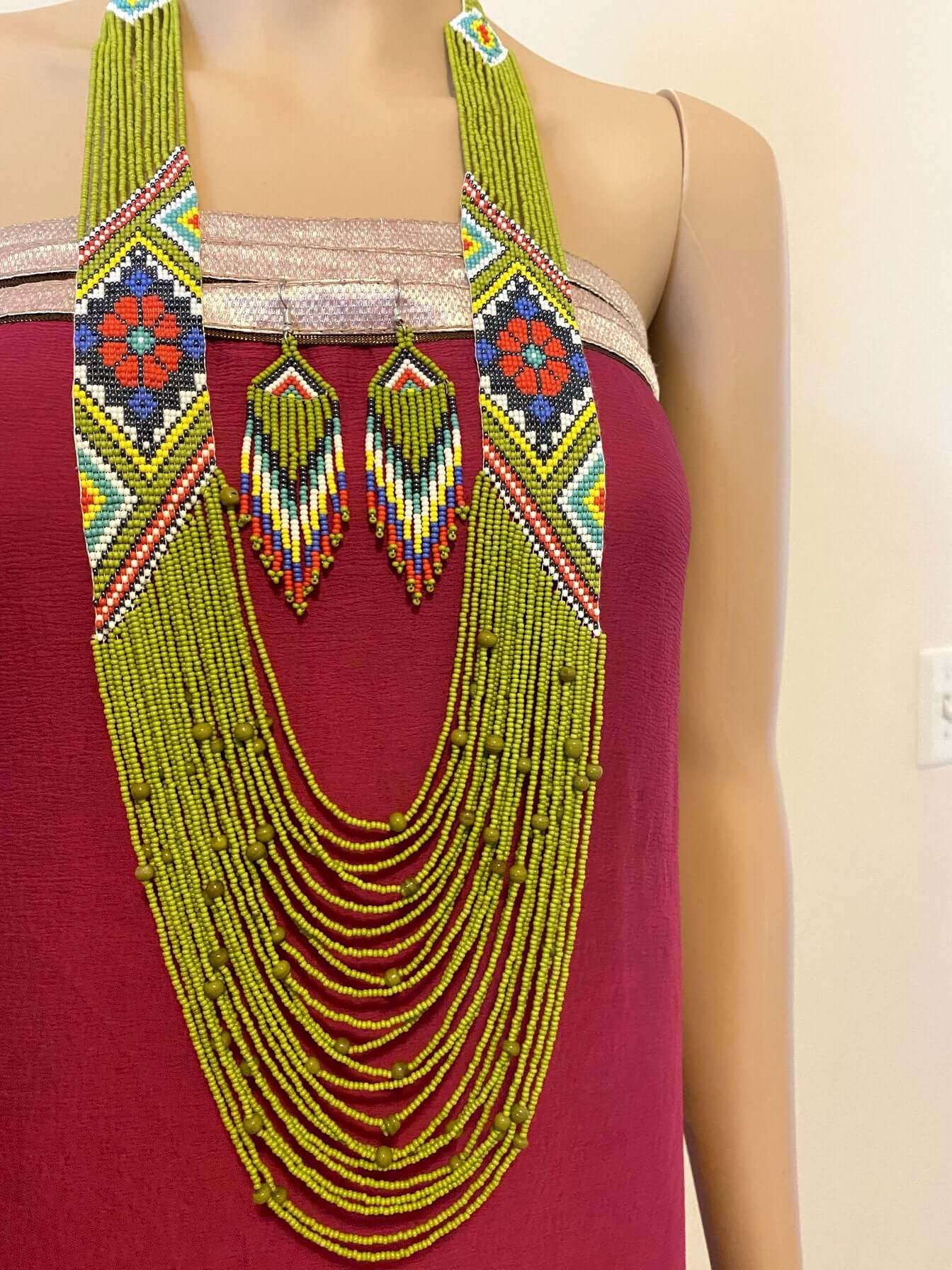 Handcrafted Bead embroidery long necklace earrings set
