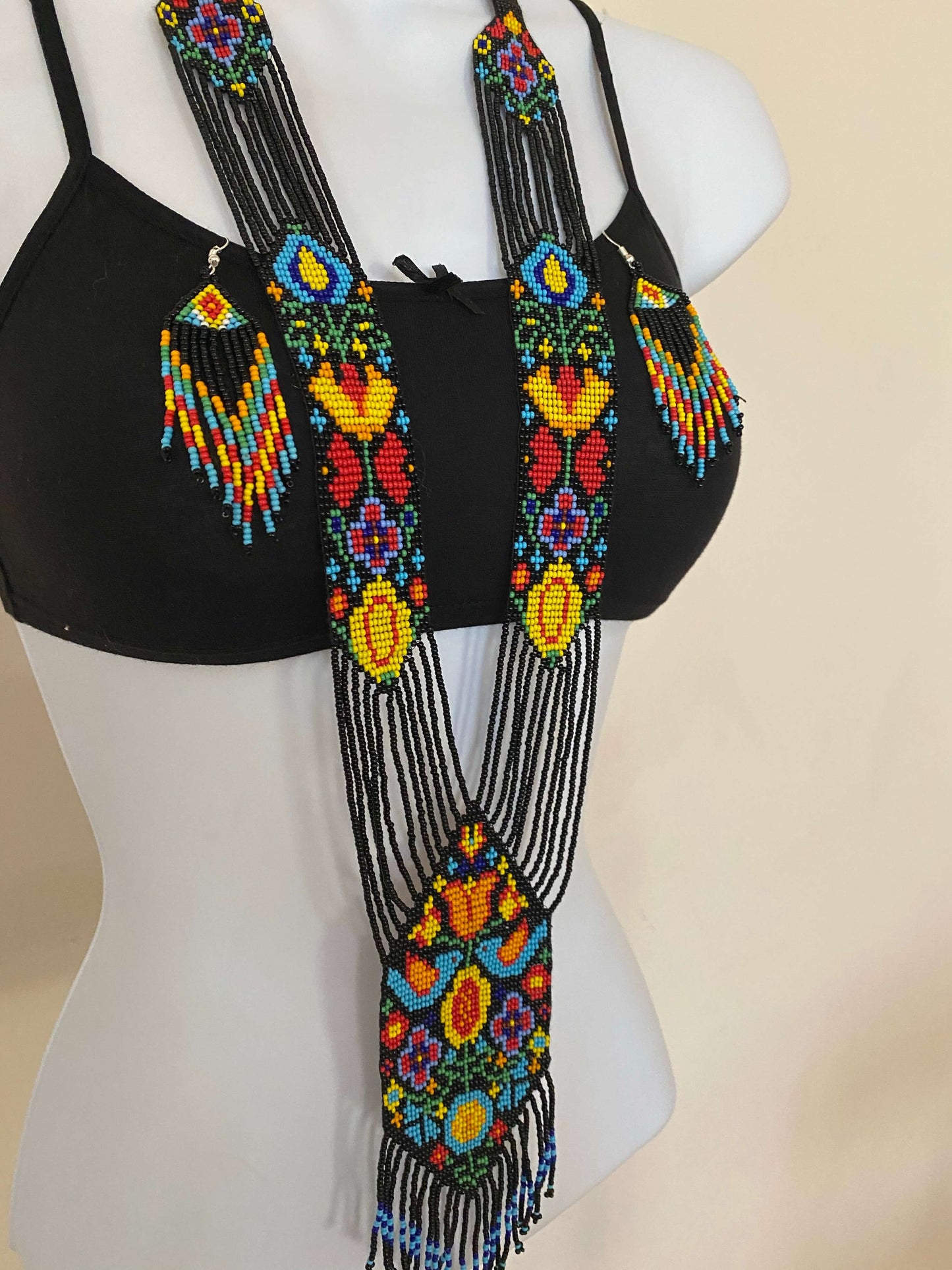 Handcrafted Bead embroidery long necklace earrings set