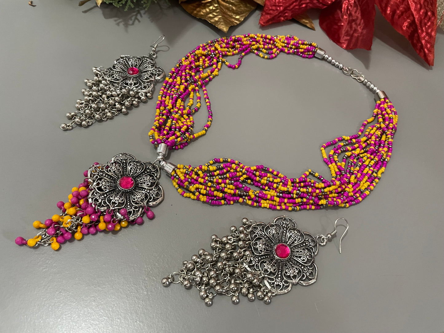 Necklace & big earrings Handcrafted seed bead Boho jewelry