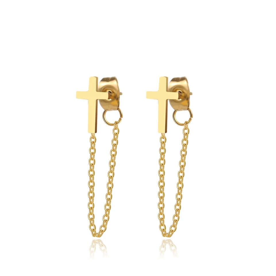 Cross charm earrings with chain lightweight stainless high polish jewelry