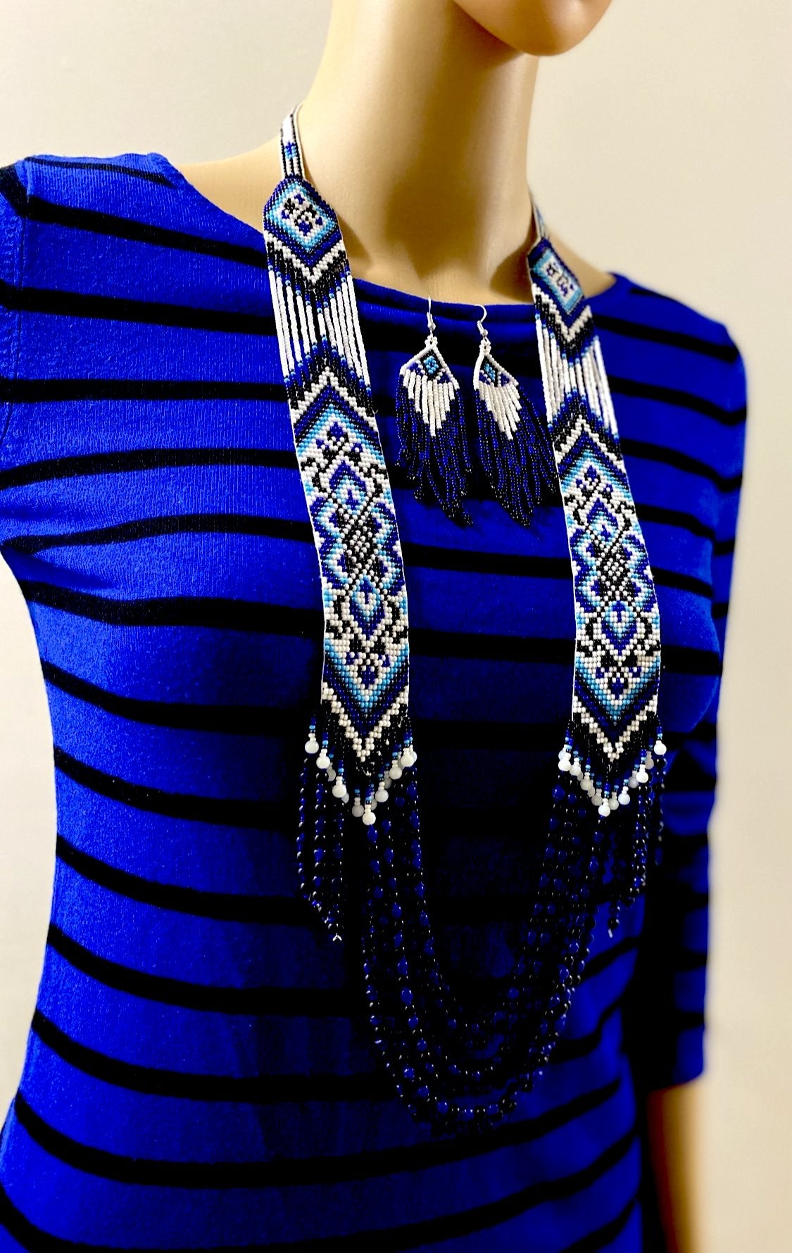 Handcrafted bead necklace earrings set blue jewelry