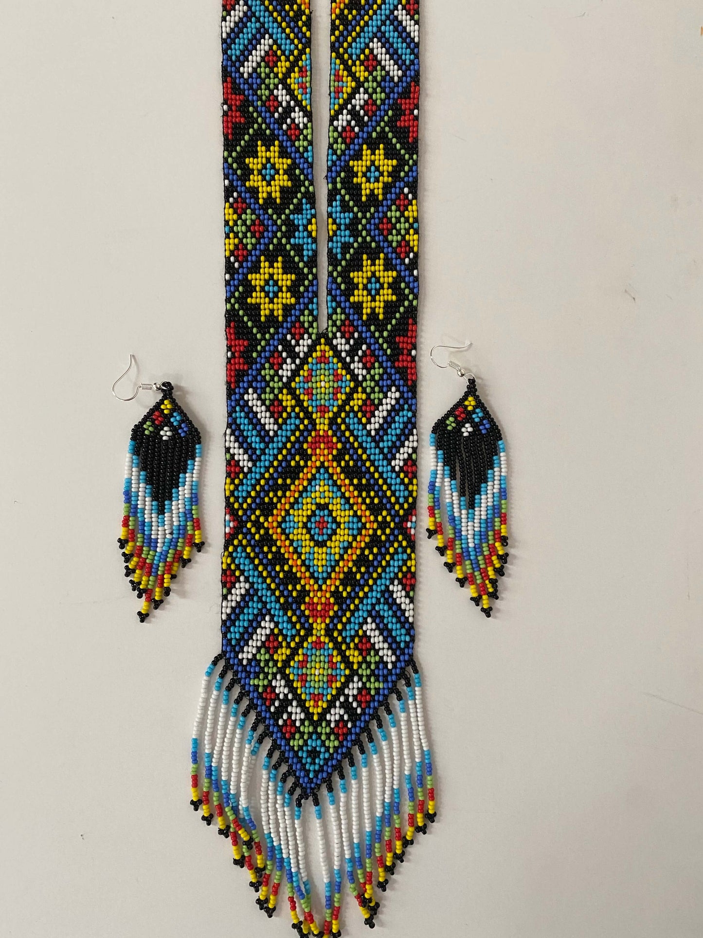 Handcrafted Bead embroidery long necklace earrings set