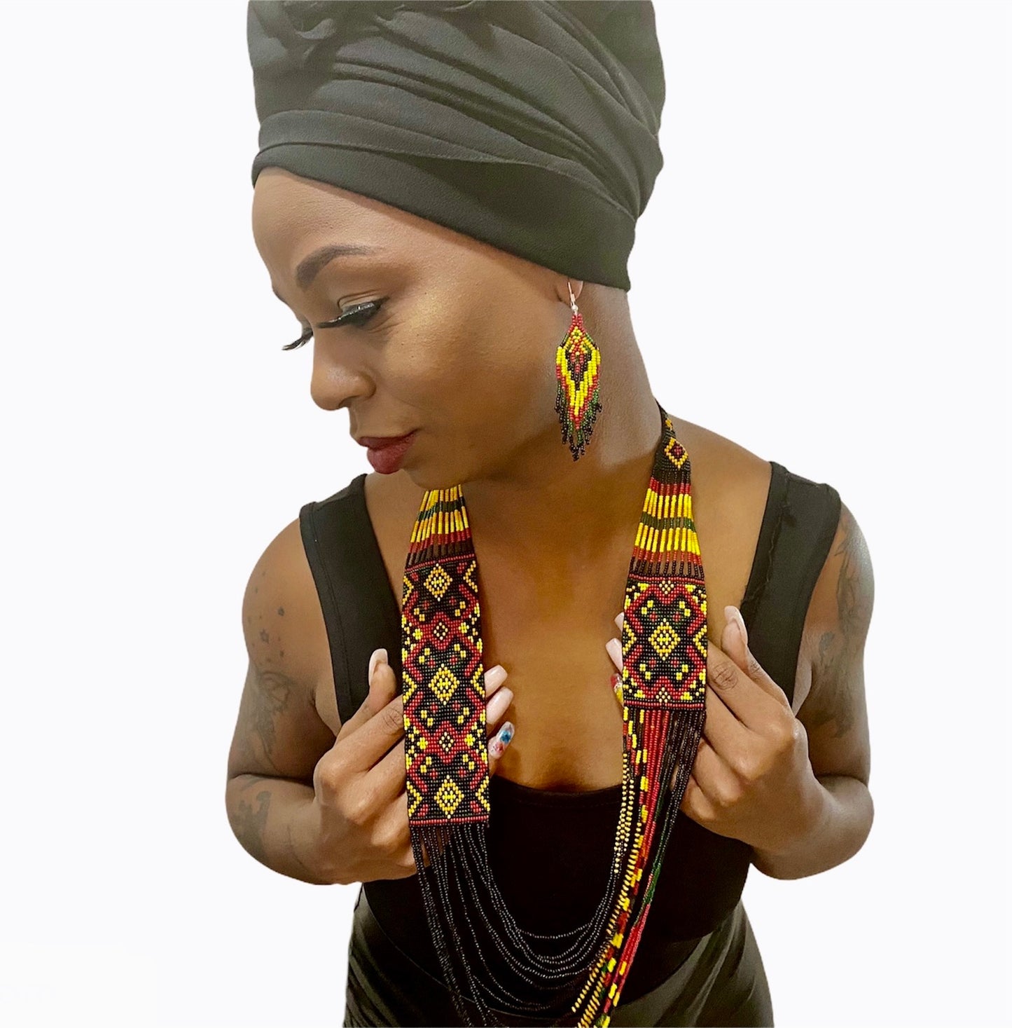 Handcrafted Seed Bead long necklace earrings set