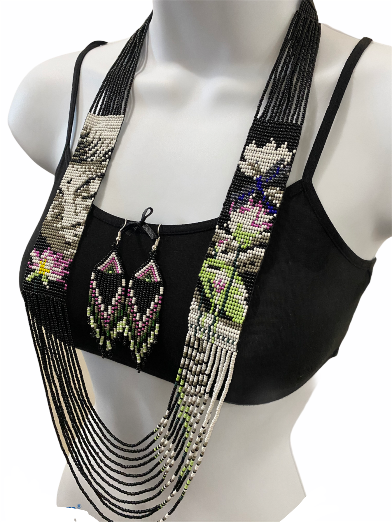 Handcrafted Bead embroidery long necklace earrings set