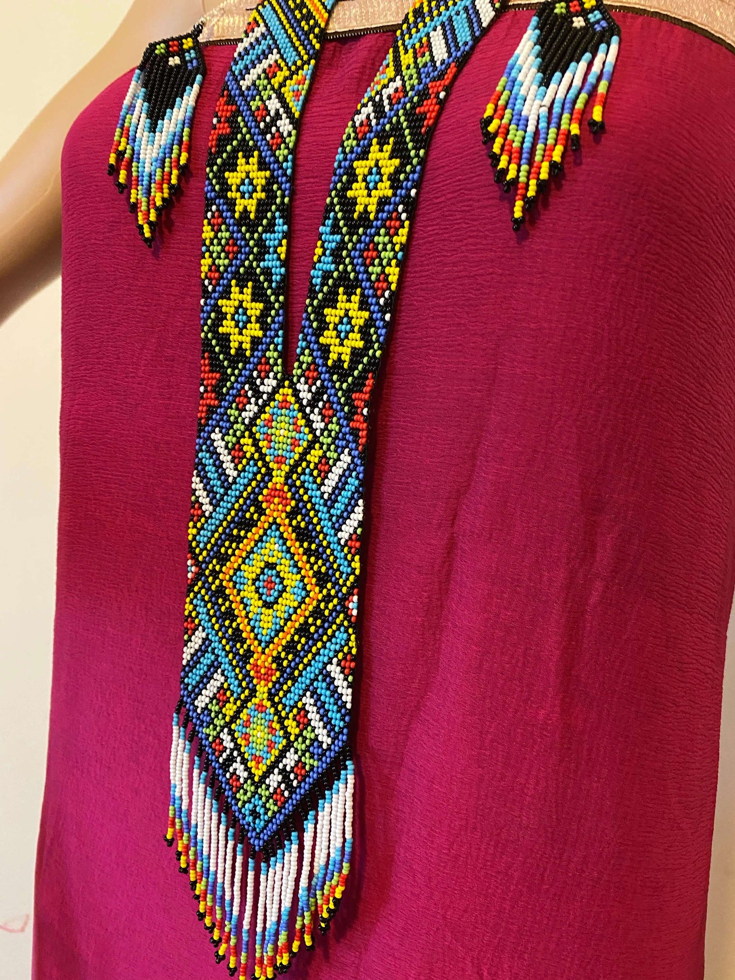Handcrafted Bead embroidery long necklace earrings set
