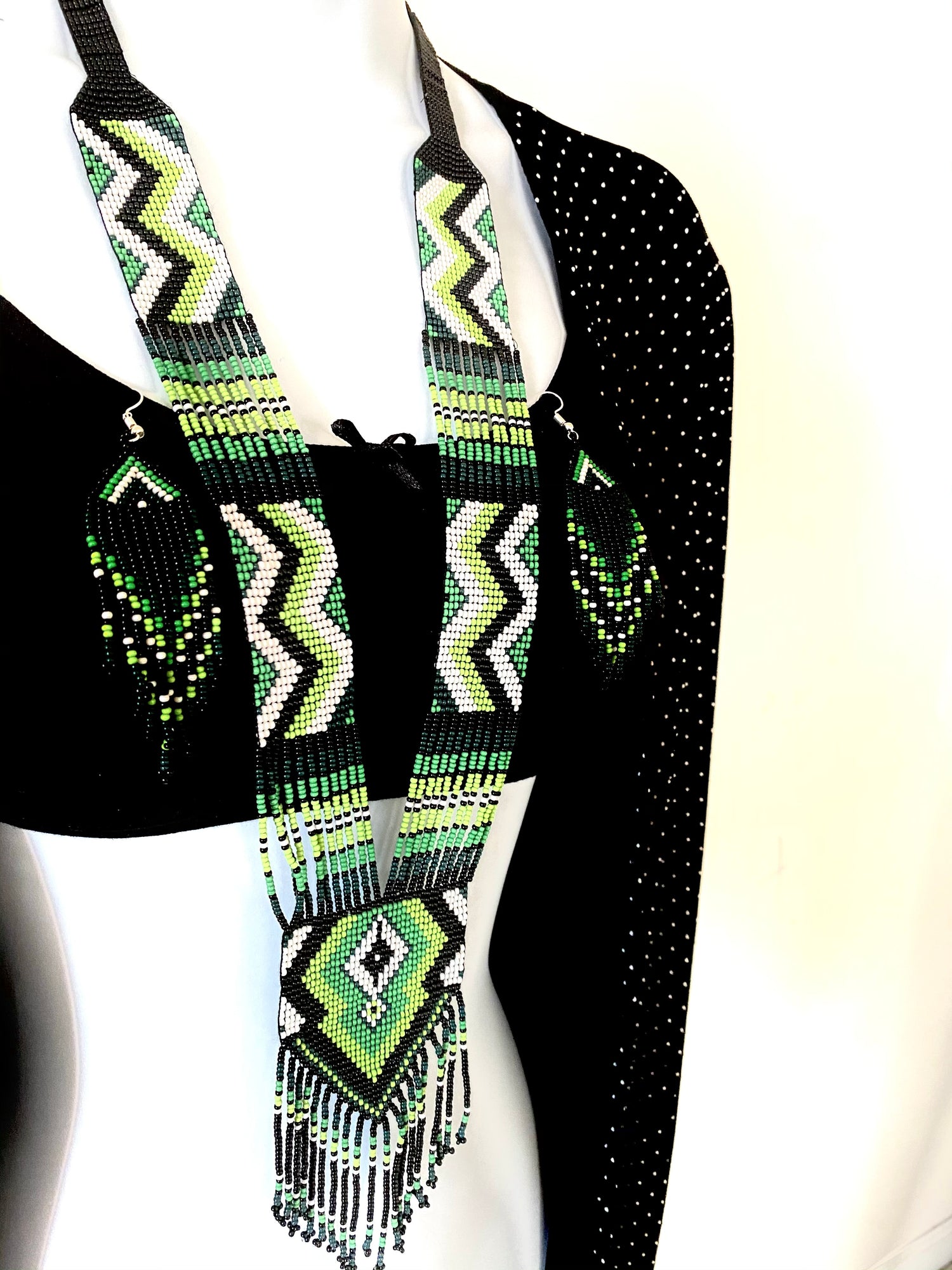 Handcrafted Bead embroidery long necklace earrings set