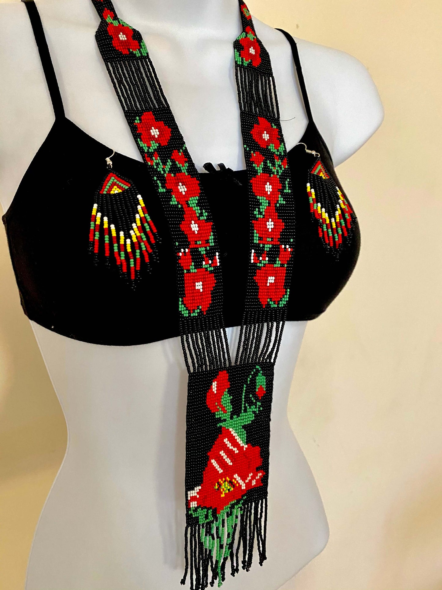 Handcrafted Bead embroidery long necklace earrings set