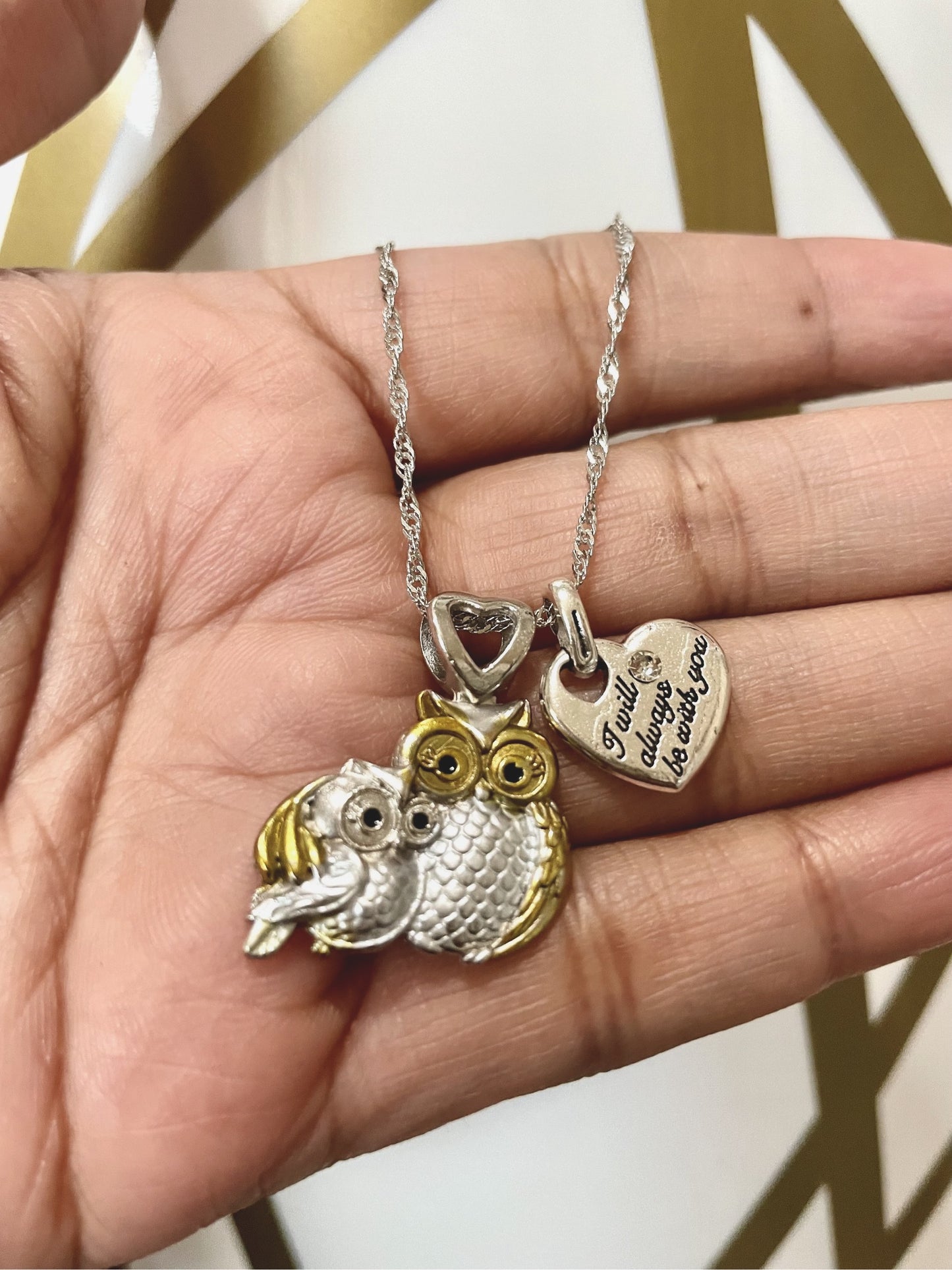 Owl charm necklace pendant love family gift 2 tone jewelry