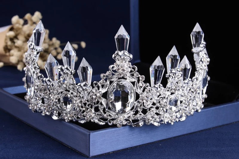 Rhinestone necklace earrings set with silver plated big crystal tiara