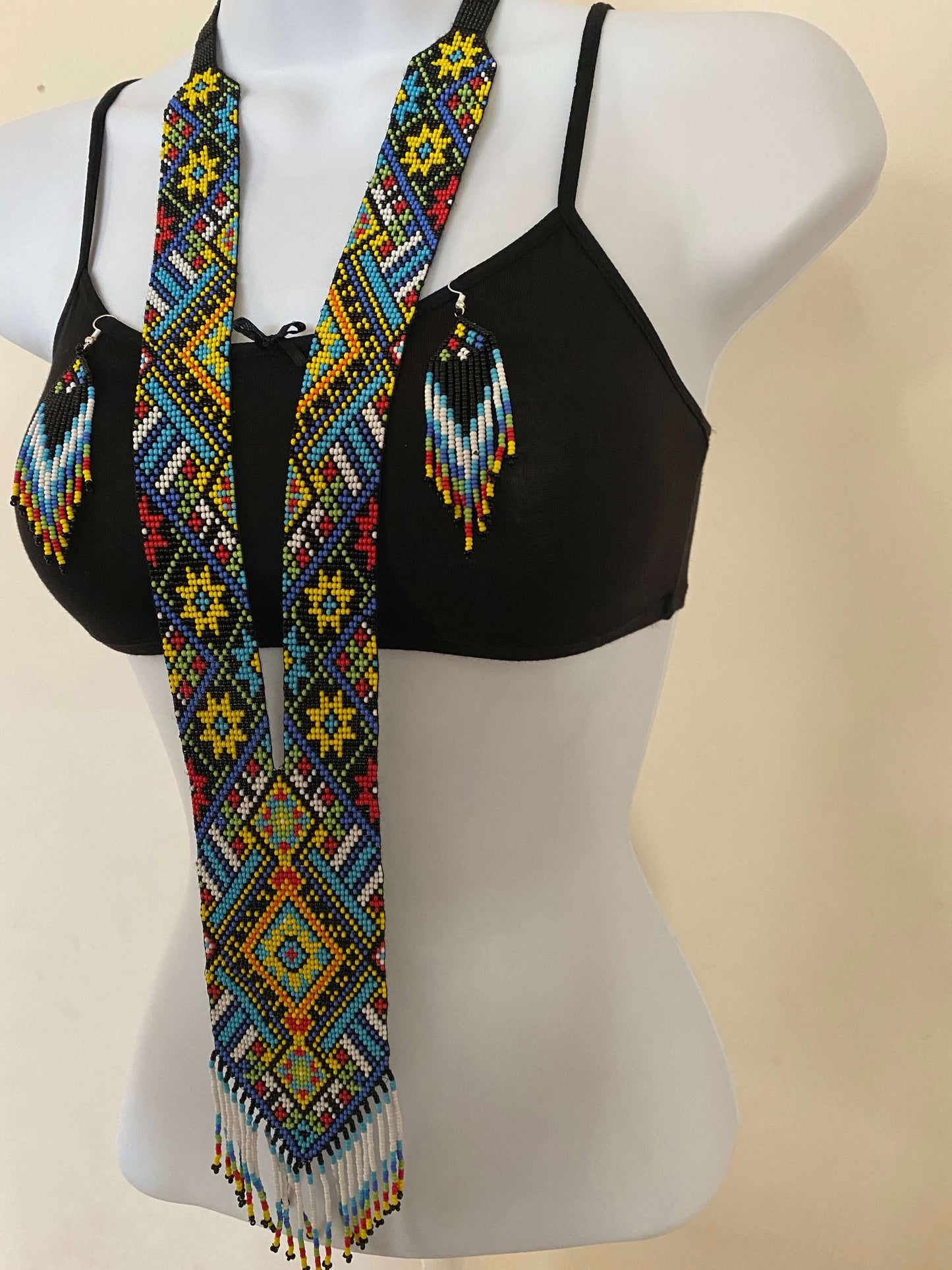 Handcrafted Bead embroidery long necklace earrings set
